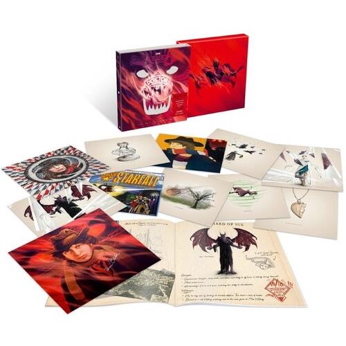 Red and black box set with illustrated vinyl sleeves and a signed print