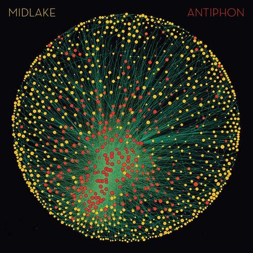 Circular abstract design with radiating green lines and scattered red and yellow dots on a black bac