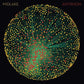 Circular abstract design with radiating green lines and scattered red and yellow dots on a black bac