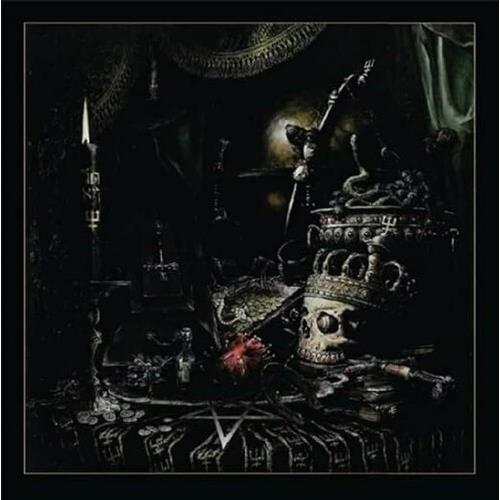 Dark still life featuring a skull, crown, and dagger on a draped table