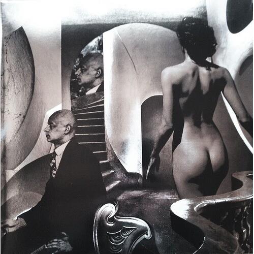 Surrealist black and white collage featuring a suited man, a nude woman, and abstract architectural 