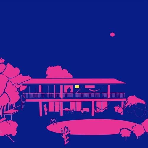 Pink and blue illustration of a modern house with a pool and hammock at night