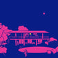 Pink and blue illustration of a modern house with a pool and hammock at night