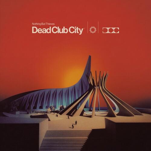 Vinyl LP cover featuring a futuristic architectural structure against a vibrant orange sunset sky