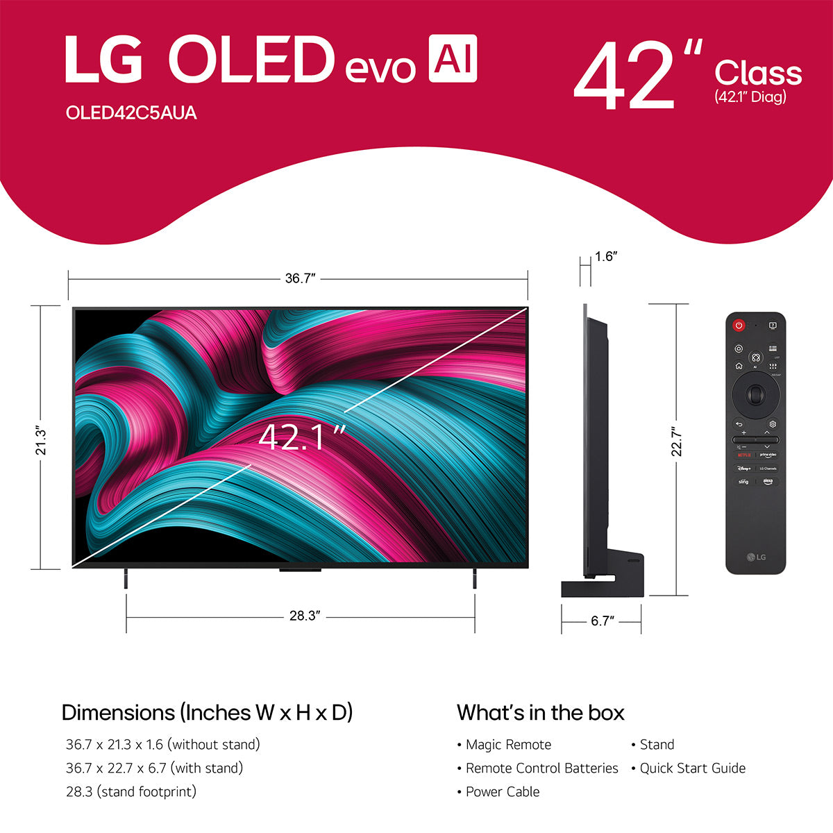 LG LG OLED42C5PUA 42 Inch 4K OLED evo C5 Smart TV with AudioQuest SKY 3m HDMI Cable
