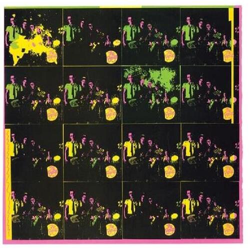 Grid of repeating band photos with neon green and yellow color effects on a black background