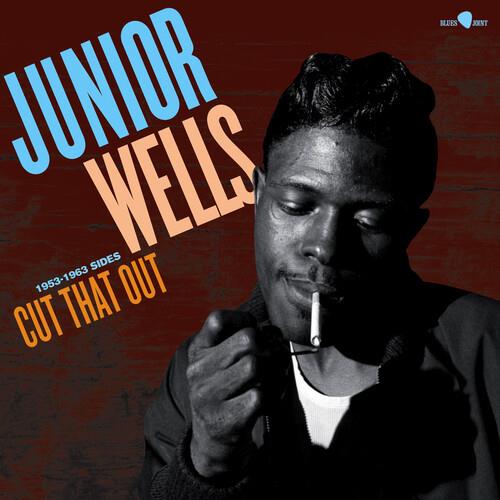 Black and white portrait of a man smoking a cigarette with bold blue and orange text on a dark backg