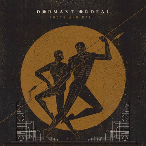 Black vinyl sleeve with gold illustration of two skeletal figures and geometric structures