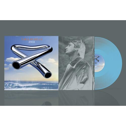 Light blue translucent vinyl record with album cover art featuring chrome tubular bells over an ocea