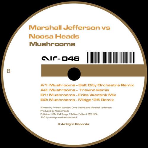 White vinyl record label with brown and black text listing remix tracks