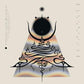 Abstract album cover with a black circle, crescent moon, and swirling lines over a gradient triangle