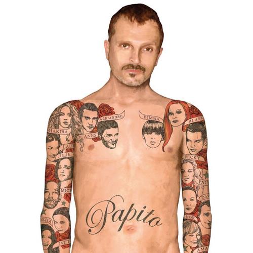 Shirtless man with illustrated portrait tattoos covering his chest and arms
