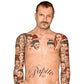 Shirtless man with illustrated portrait tattoos covering his chest and arms