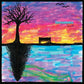 Painted album cover art featuring a silhouetted tree and bench against a colorful sunset sky
