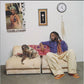 Purple colored vinyl LP cover featuring a man and a dog sitting on a beige couch