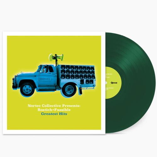 Green vinyl record with album cover showing a blue truck with speakers on a yellow background