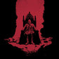 Red and black illustration of a bearded figure seated on a gothic throne