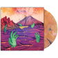 Orange and yellow marbled vinyl record with illustrated album cover featuring green hands and a volc