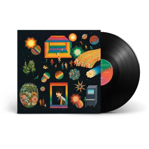 Vinyl LP with a black sleeve featuring colorful surreal illustrations and a black record