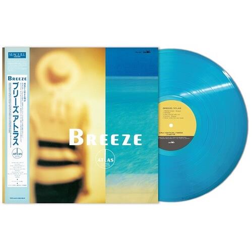 Translucent blue vinyl record partially removed from album sleeve with beach artwork