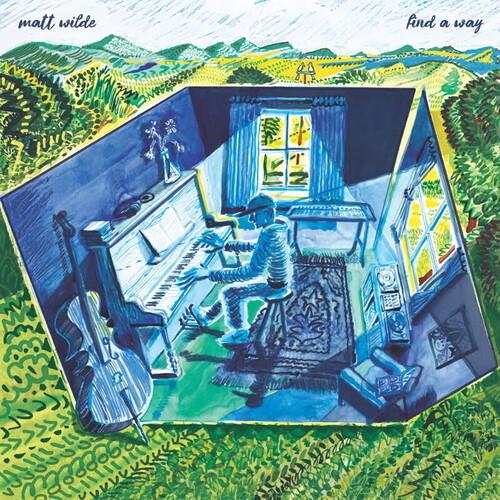 Illustrated album cover showing a musician playing piano in a blue room with a guitar and window