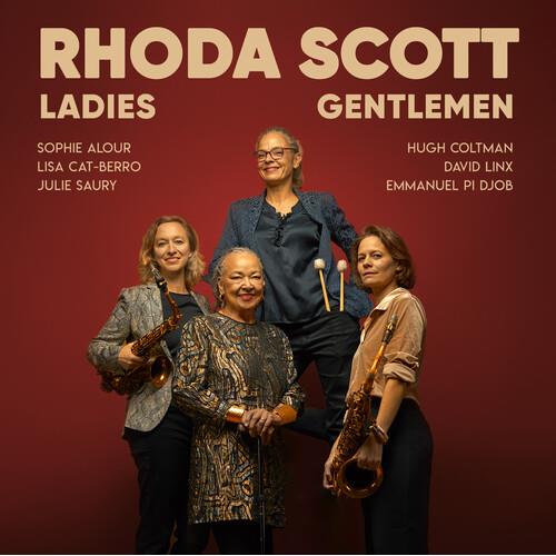 Vinyl LP cover featuring five musicians with instruments against a dark red background