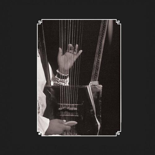 Black and white photograph of hands playing a traditional stringed instrument