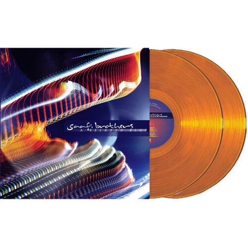 Orange translucent vinyl records partially removed from a colorful abstract album sleeve