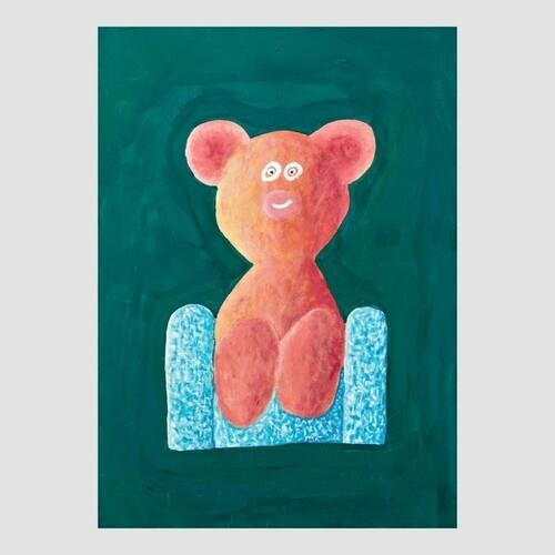 Orange teddy bear illustration on a dark green background