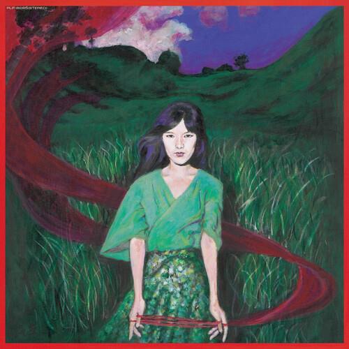 Painted album cover art featuring a woman in a green dress standing in a grassy field with a red rib