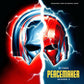 Red and blue metallic helmet split by a lightning bolt on a black background