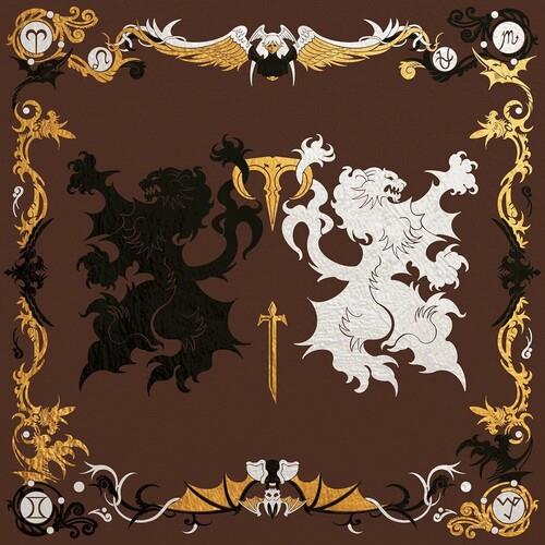 Brown vinyl LP cover featuring black and white heraldic lions flanking a gold sword