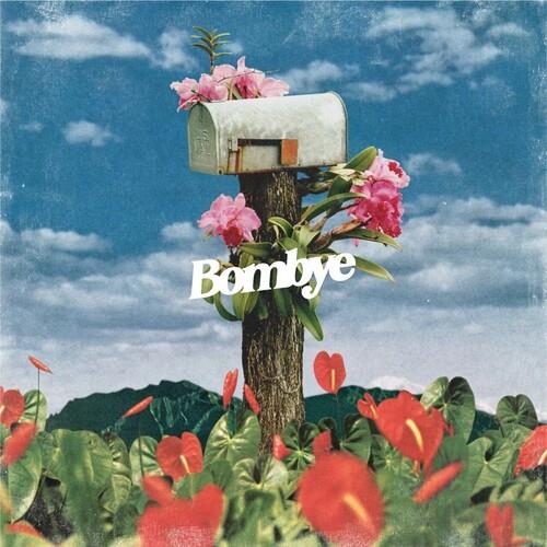 Vintage-style mailbox on a wooden post surrounded by pink and red tropical flowers against a blue sk