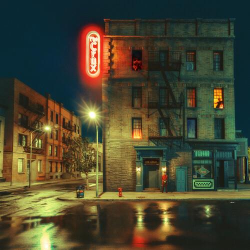 Nighttime city street scene with a brick apartment building, glowing red neon sign, and wet pavement