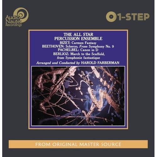 Black vinyl LP cover featuring abstract percussion instruments and classical music text