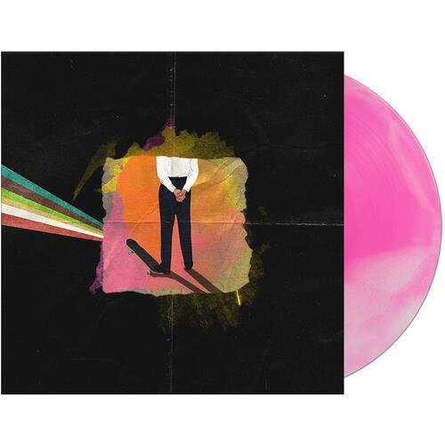 Pink and white marbled vinyl record partially removed from a black album sleeve with colorful abstra