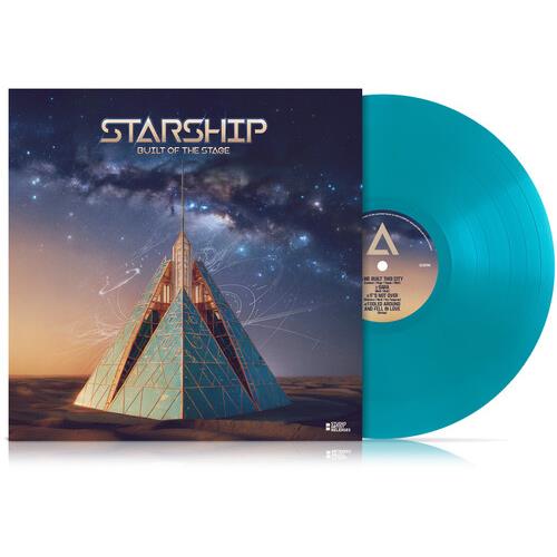 Turquoise blue vinyl LP with album cover featuring a geometric pyramid under a starry sky