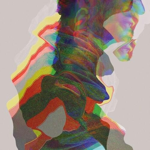 Abstract colorful vinyl album cover with layered silhouettes in rainbow hues