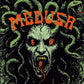 Green gorgon face with snake hair and orange title text