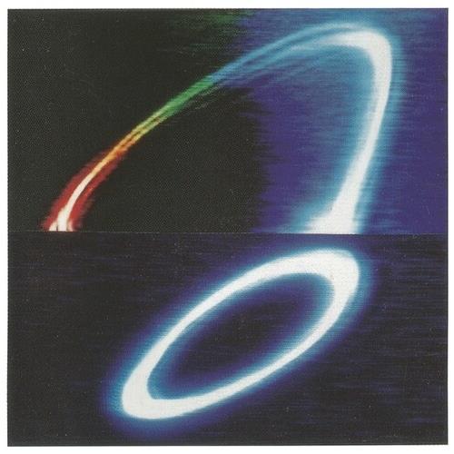 Abstract album cover with glowing neon rings in blue, green, and red on a black background