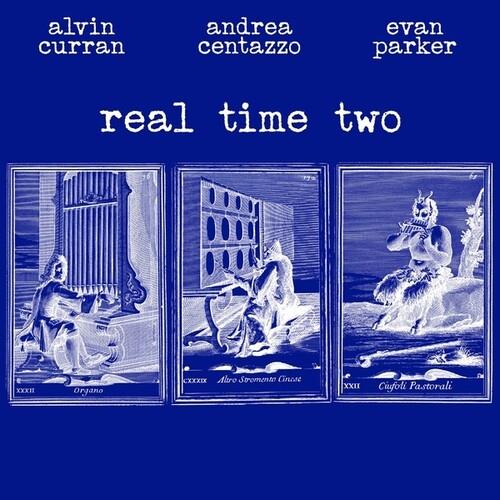Blue vinyl LP cover with three white illustrated panels depicting classical figures
