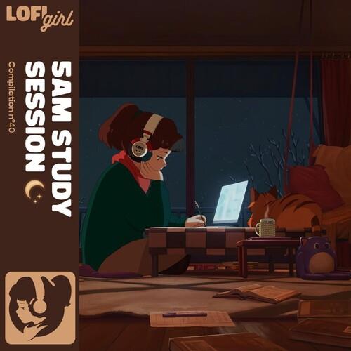 Illustrated album cover showing a girl with headphones studying at a desk with a cat and a mug