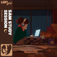 Illustrated album cover showing a girl with headphones studying at a desk with a cat and a mug