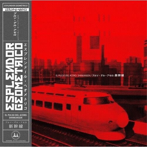 Red vinyl LP cover featuring a high-speed train on tracks with a city skyline in the background