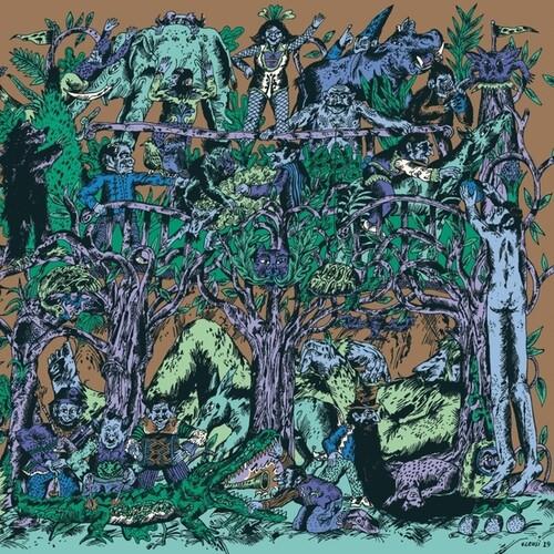 Illustrated jungle scene with elephants, mythical creatures, and figures among dense foliage