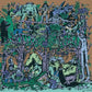 Illustrated jungle scene with elephants, mythical creatures, and figures among dense foliage