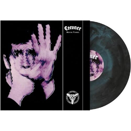 Transparent orange splatter vinyl record with black gatefold sleeve featuring purple hand artwork