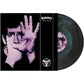 Transparent orange splatter vinyl record with black gatefold sleeve featuring purple hand artwork