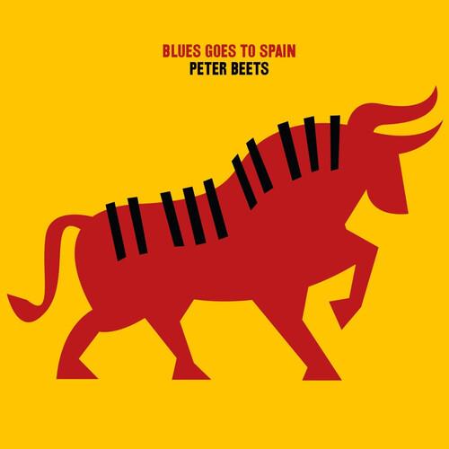 Red bull silhouette with piano keys on its back against a yellow background