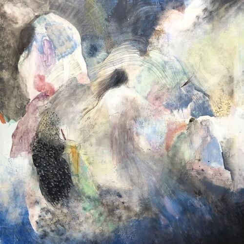 Abstract mixed media artwork with layered textures in muted blues, grays, and earth tones